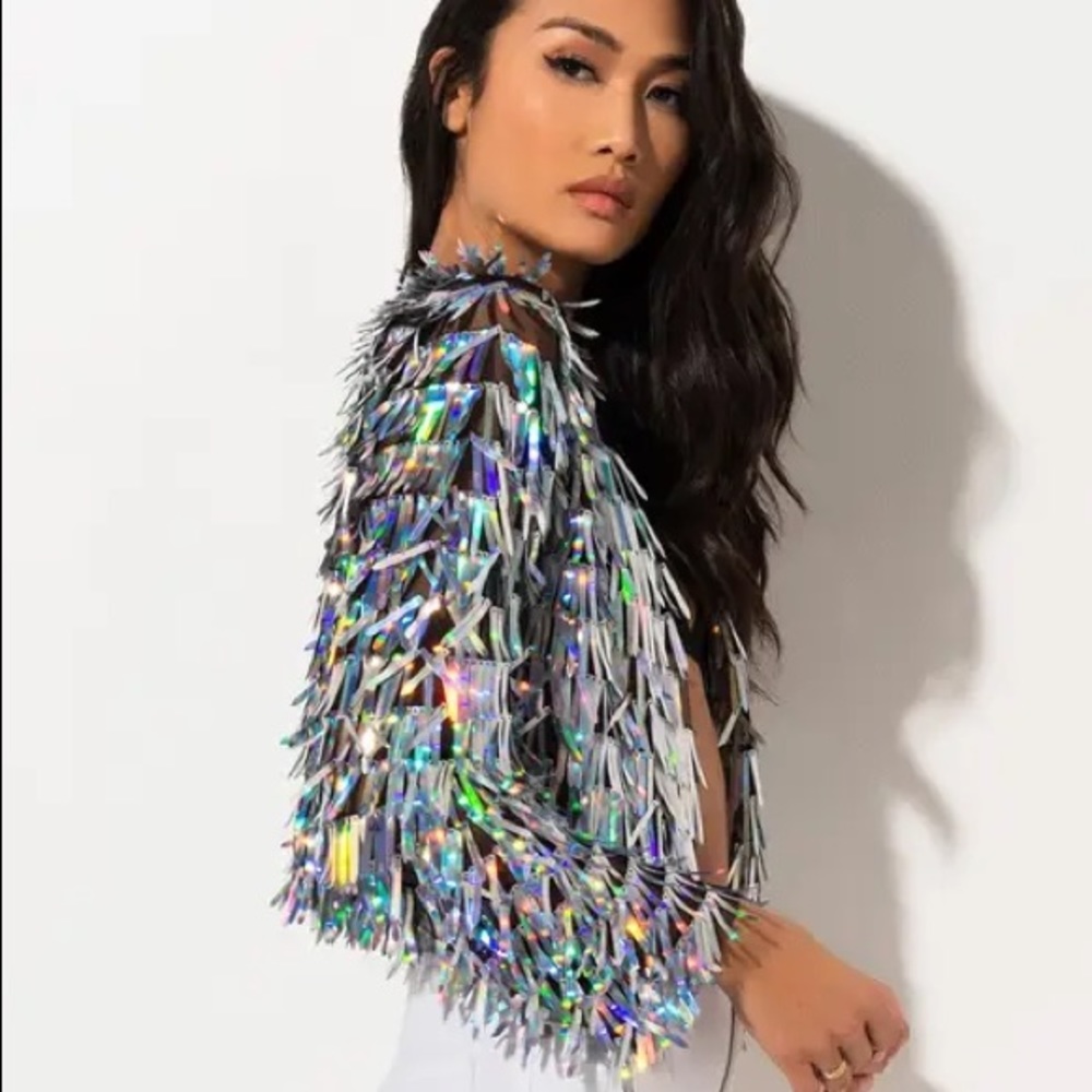 Akira Holographic Sequin Fringe Jacket